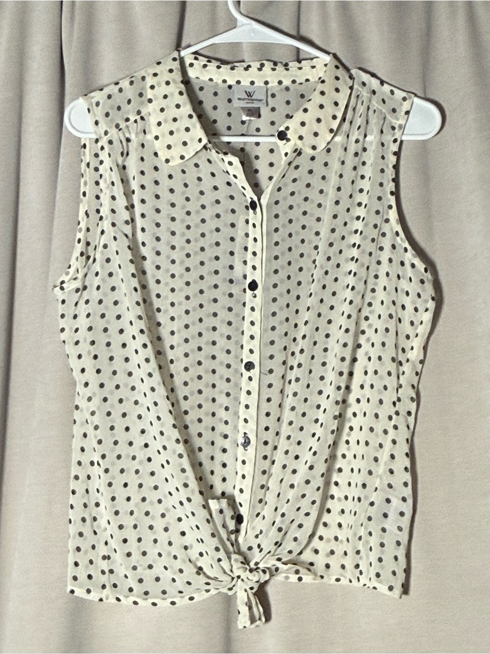 Worthington Sheer White Polka Dot Sleeveless Button-Up Tie-Front Blouse - Size P